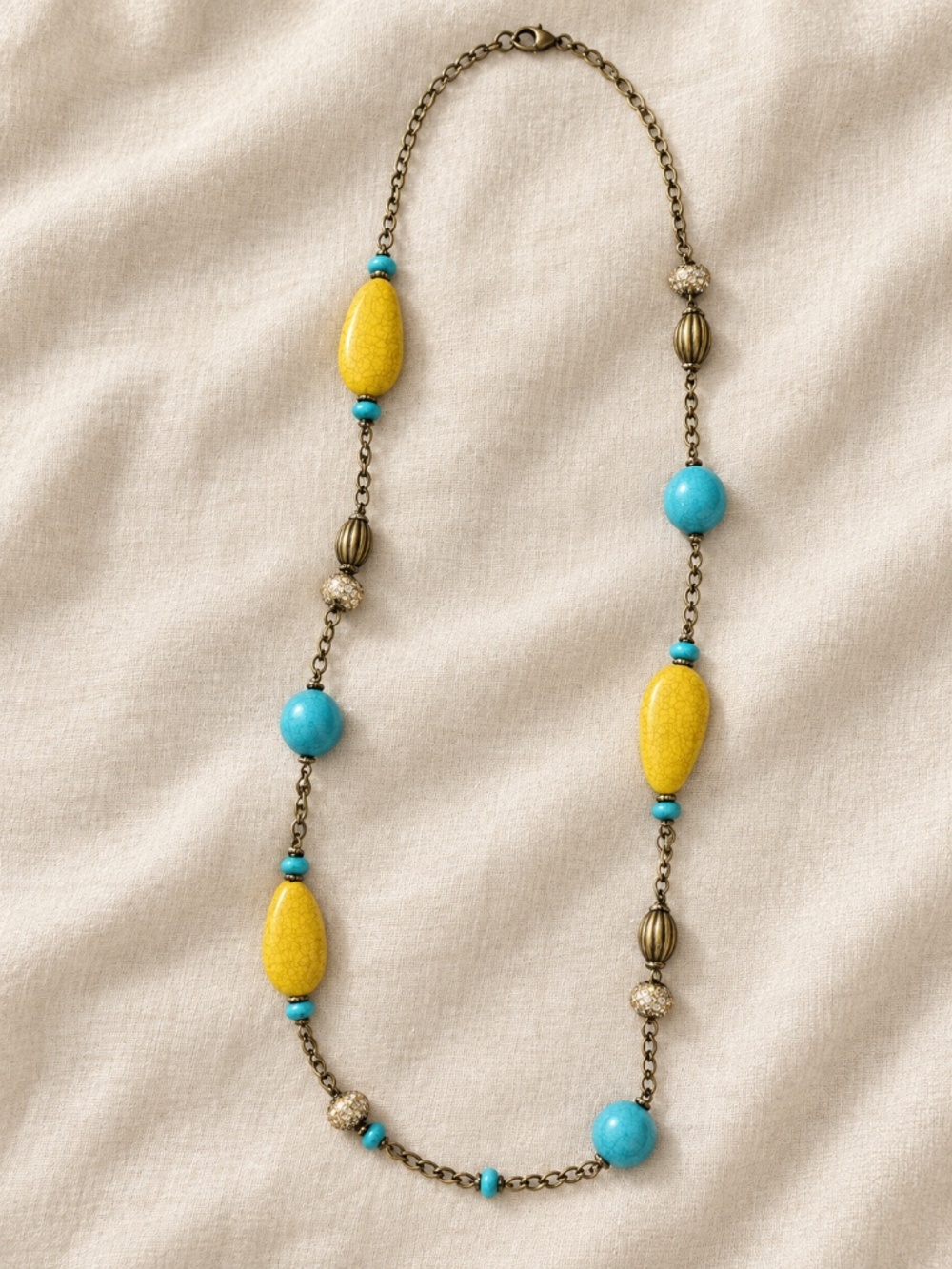 Turquoise Blue & Yellow Beaded Bronze Tone Boho Necklace - NWOT